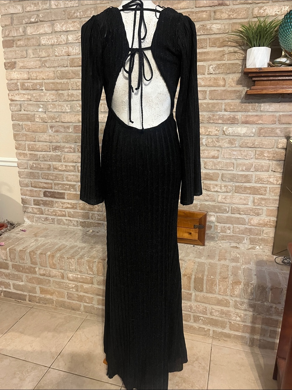 Black Metallic Pleated Open Back Maxi Dress | Long Sleeve - Picture 2 of 7